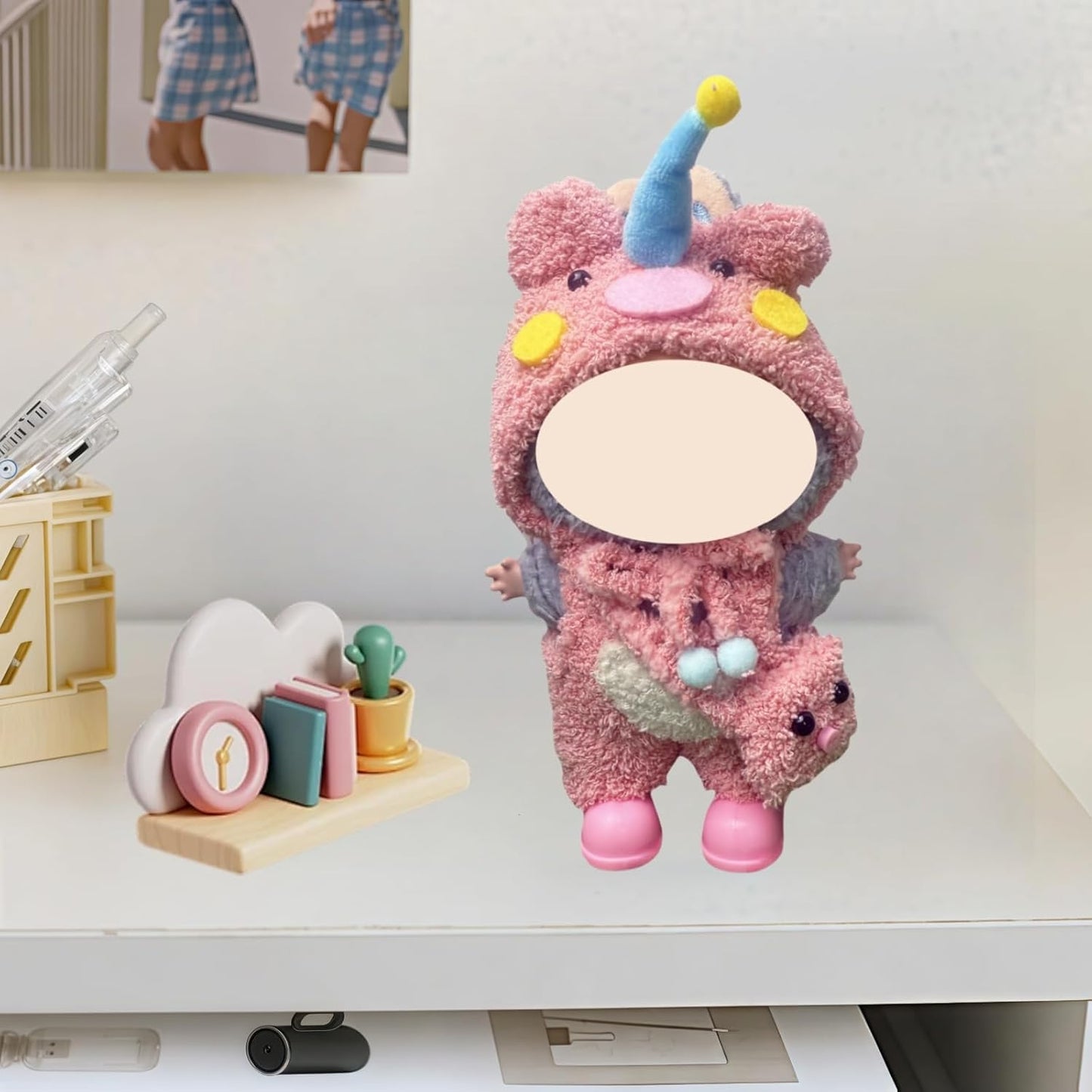 17cm Doll Clothes for labubu, 4-Piece Clothes for Dolls Outfit, Accessories for Cute Dolls Clothes, Pink Hat + Overalls + Bag + Shoe, No Doll Included