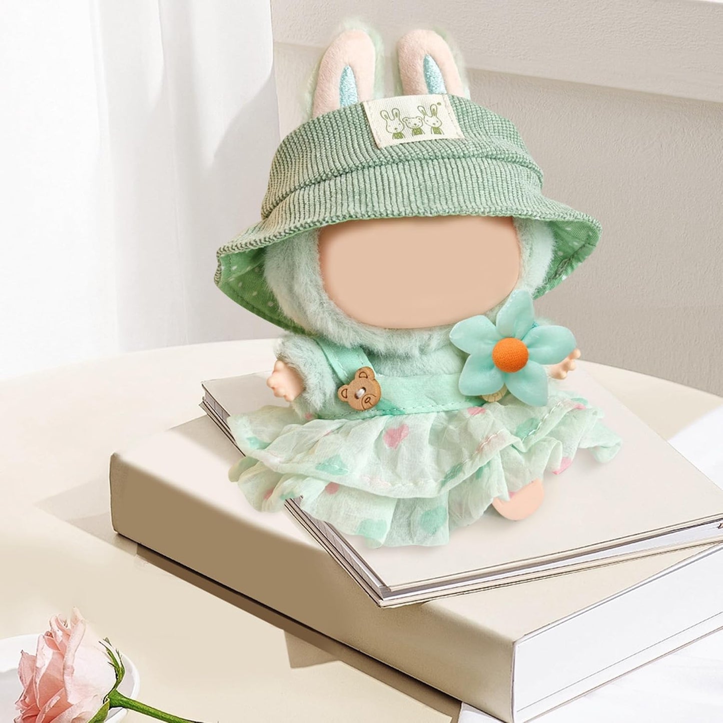 Green Doll Clothes for Labubu 3 Set (No Doll)：Clothes Outfit for Toys with hat, Dress and Clip ，Ideal Gifts