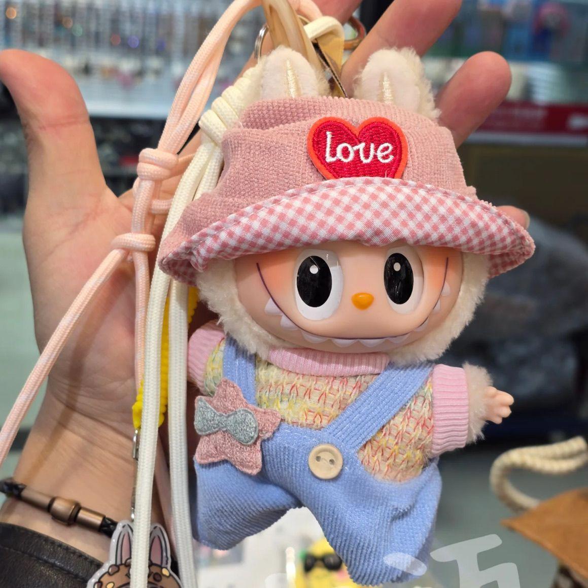 17cm Labubu Gen 2 Sitting Party Series Little Star Set | Heart Hat + T-Shirt + Overalls | Vinyl/Plush-Compatible Clothes Only for Blind Box Charms & Collectible Dolls