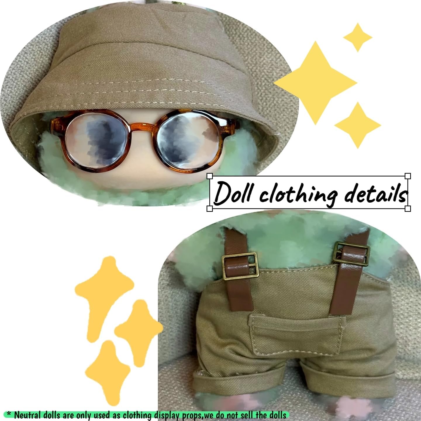Handmade Crochet Doll Clothes Set - 2-Piece Outfit with Hat, Sweater & Bag for 15-17cm (6") Dolls - Handcrafted Accessories Gift (Khaki Overalls Suit)