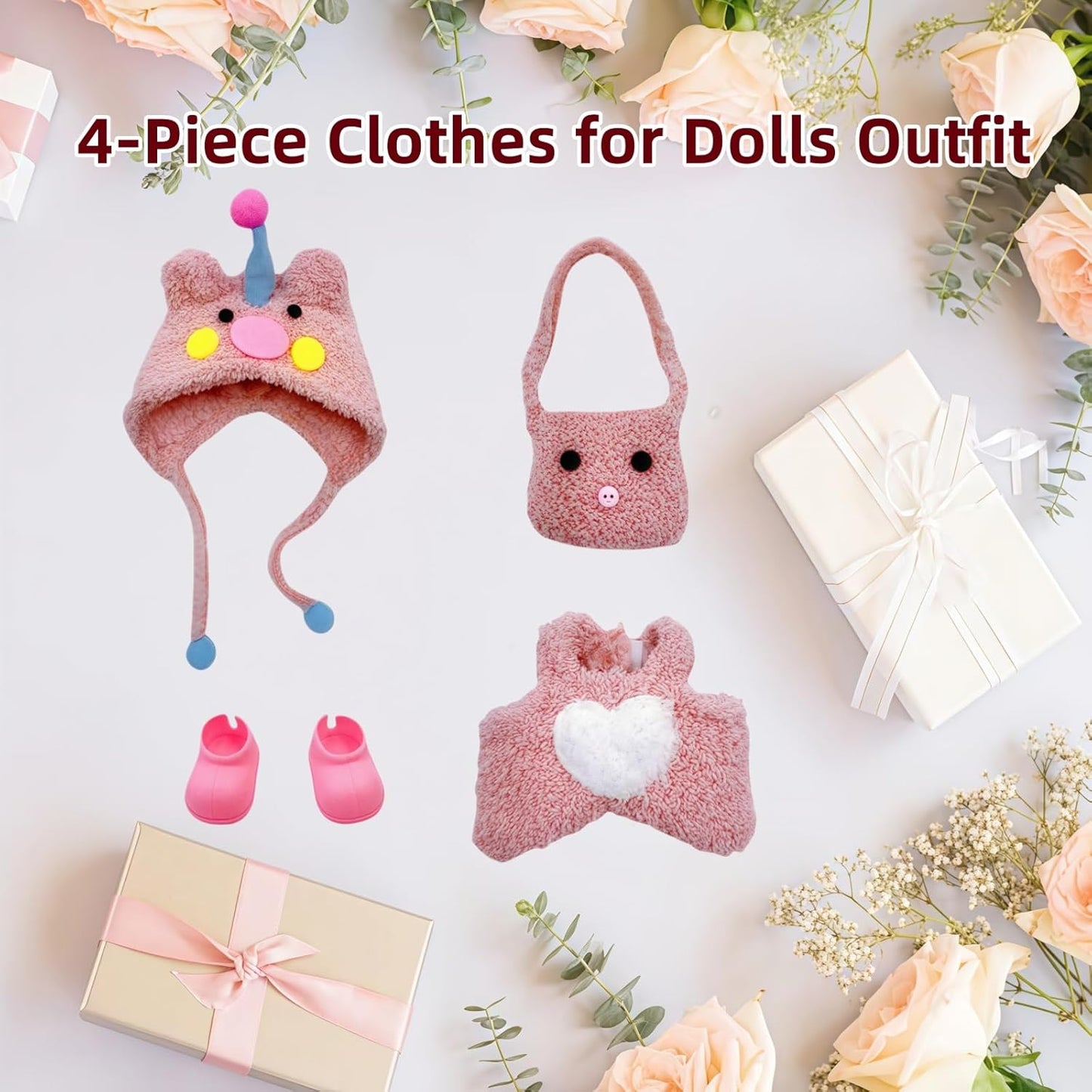 17cm Doll Clothes for labubu, 4-Piece Clothes for Dolls Outfit, Accessories for Cute Dolls Clothes, Pink Hat + Overalls + Bag + Shoe, No Doll Included