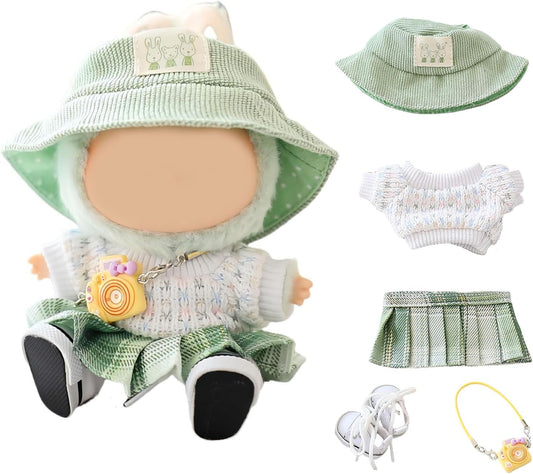 Designed for Labubu-Clothes, High-End Fashion Doll Clothes for Labubu-Accessories (No Doll Included), Outfit Set 5 Pieces Suitable for 15cm & 17cm The Monsters Series (JK-Green)