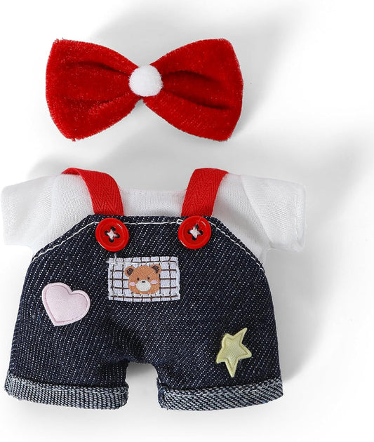 17 cm Doll Clothes,  2PCS 15cm&17Cm Doll Clothing Outfits Set Includes Denim Dress, Romper, 1 White Tees, 1 Hair Accessories, Cute Dress-Up Clothes for 17 cm Plush Doll Collectors, Doll Not Included