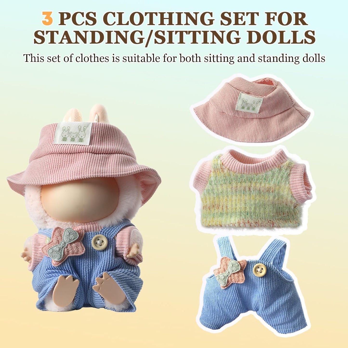 Doll Clothes Set for Labubu 6.7inch/17cm Dolls, 3 Piece Cute & Chic Outfits with Hat & Fashion Accessories, Perfect for Teens & Adult Collectors, Khaki Knitted Outfit with Hat & Messenger Bag