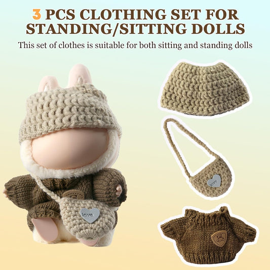 Doll Clothes Set for Labubu 6.7inch/17cm Dolls, 3 Piece Cute & Chic Outfits with Hat & Fashion Accessories, Perfect for Teens & Adult Collectors, Khaki Knitted Outfit with Hat & Messenger Bag