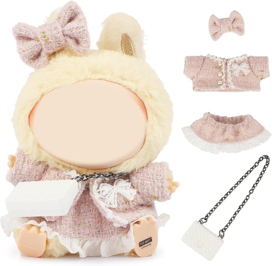 4 Set 15- 17cm Doll Clothes for labubu - Dolls Outfit Accessories for Girl , with Coat + Skirt + Handbag + Bow (No Doll) (Pink)