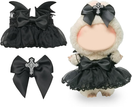 Clothes Compatible with Labubu Doll, Labubu Outfit Set - Black Lace Dress with Devil Wings+Cross Bow for Labubu Dolls, Stylish Accessories Set for 17cm Labubu Doll, No Doll(Dark Cross Enchantress)