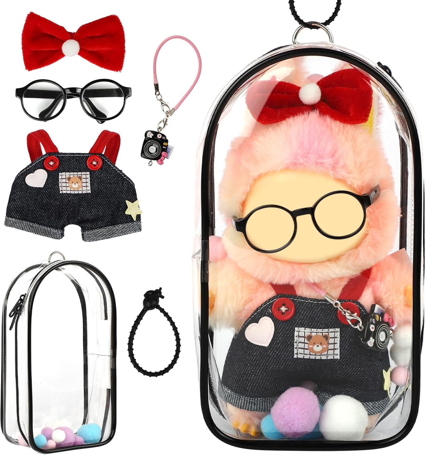 4 Set 15- 17cm Doll Clothes for labubu - Dolls Outfit Accessories for Girl , with Coat + Skirt + Handbag + Bow (No Doll) (Pink)