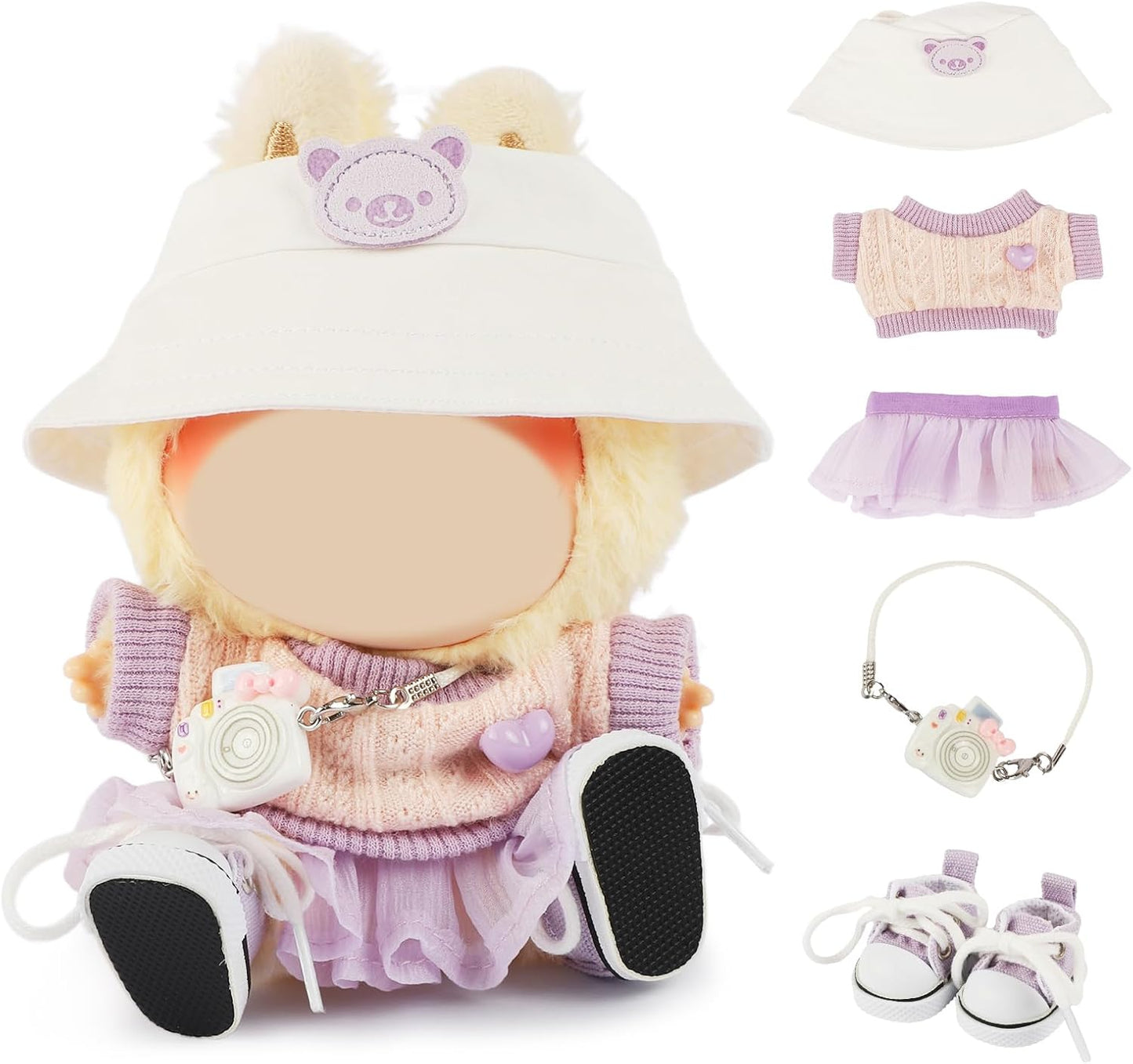 4 Set 15- 17cm Doll Clothes for labubu - Dolls Outfit Accessories for Girl , with Coat + Skirt + Handbag + Bow (No Doll) (Pink)