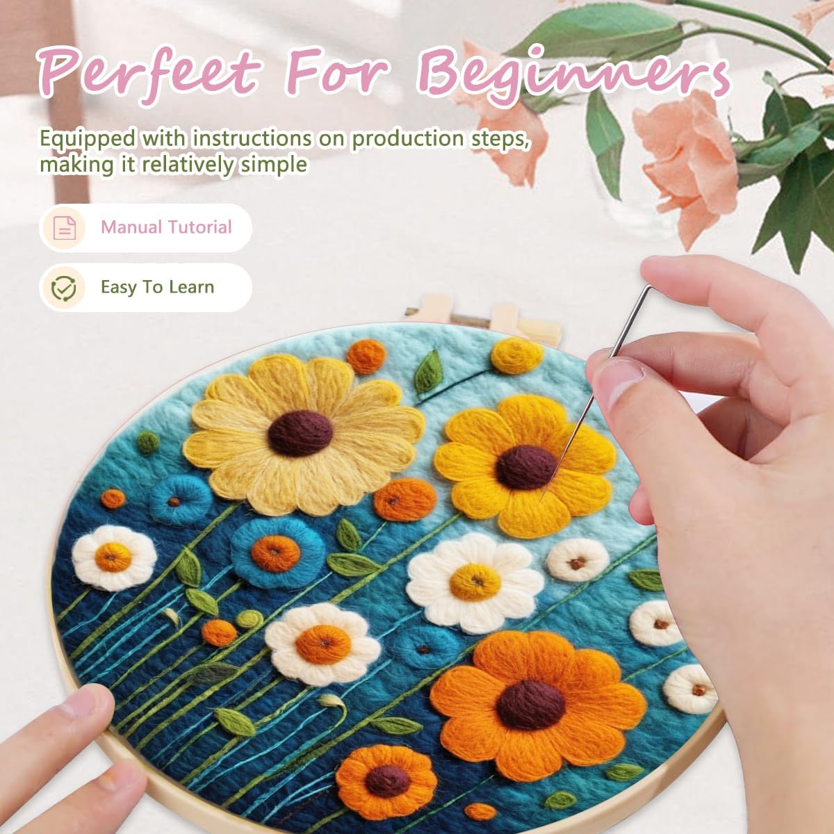 Halloween Needle Felting Kit, Felt Painting Kits for Beginners, Pumpkin Felt Painting Set with Wool, Starter Needle Felting Pad, Felting Needles, Felting Wool, Decorative Frame