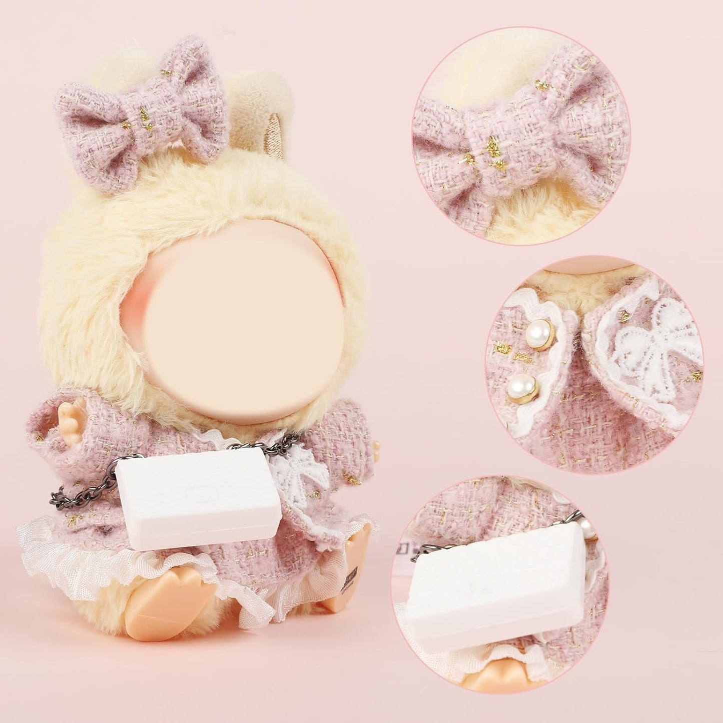 4 Set 15- 17cm Doll Clothes for labubu - Dolls Outfit Accessories for Girl , with Coat + Skirt + Handbag + Bow (No Doll) (Pink)