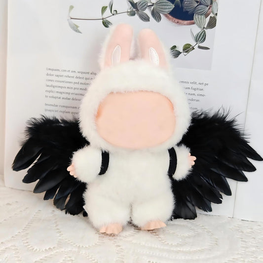 Clothes Set for Labubu Doll,Clothes for Labubu, Crochet 4 Piece Set Hat Clothes Cell Phone Backpack for LABUBU, Stylish Adorable Dolls Clothes Accessories (No Doll) (Black Wings)