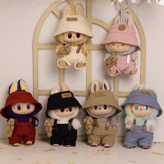 15-17cm Labubu Sitting Party Outfit - Series 1/2/3 Doll Clothes for Vinyl Figures - Khaki Overalls & Fisherman Hat