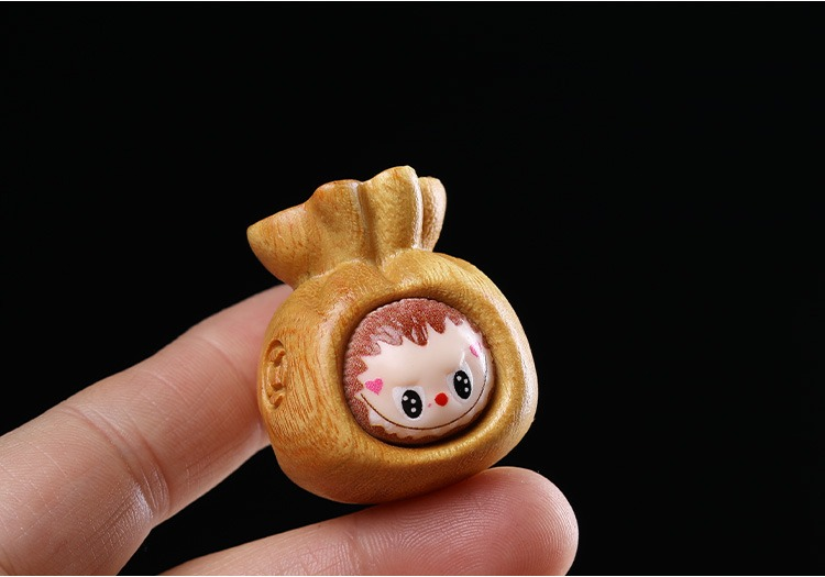 LABUBU Carved Wooden Pendant - 3D Lucky Charm for DIY Jewelry & Keychains
