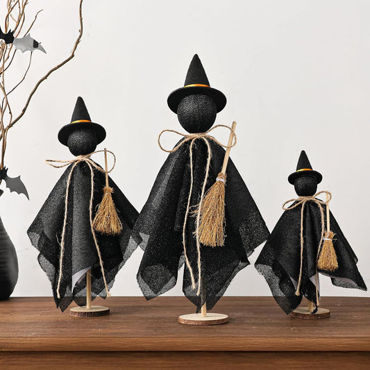 Halloween Witch Decorations Indoor: 3ct Black Witches with Hat Cute Halloween Decor, Vintage Rustic Wooden Halloween Desk Decor for Table Office Mantel Home Centerpieces Farmhouse Fireplace Gifts