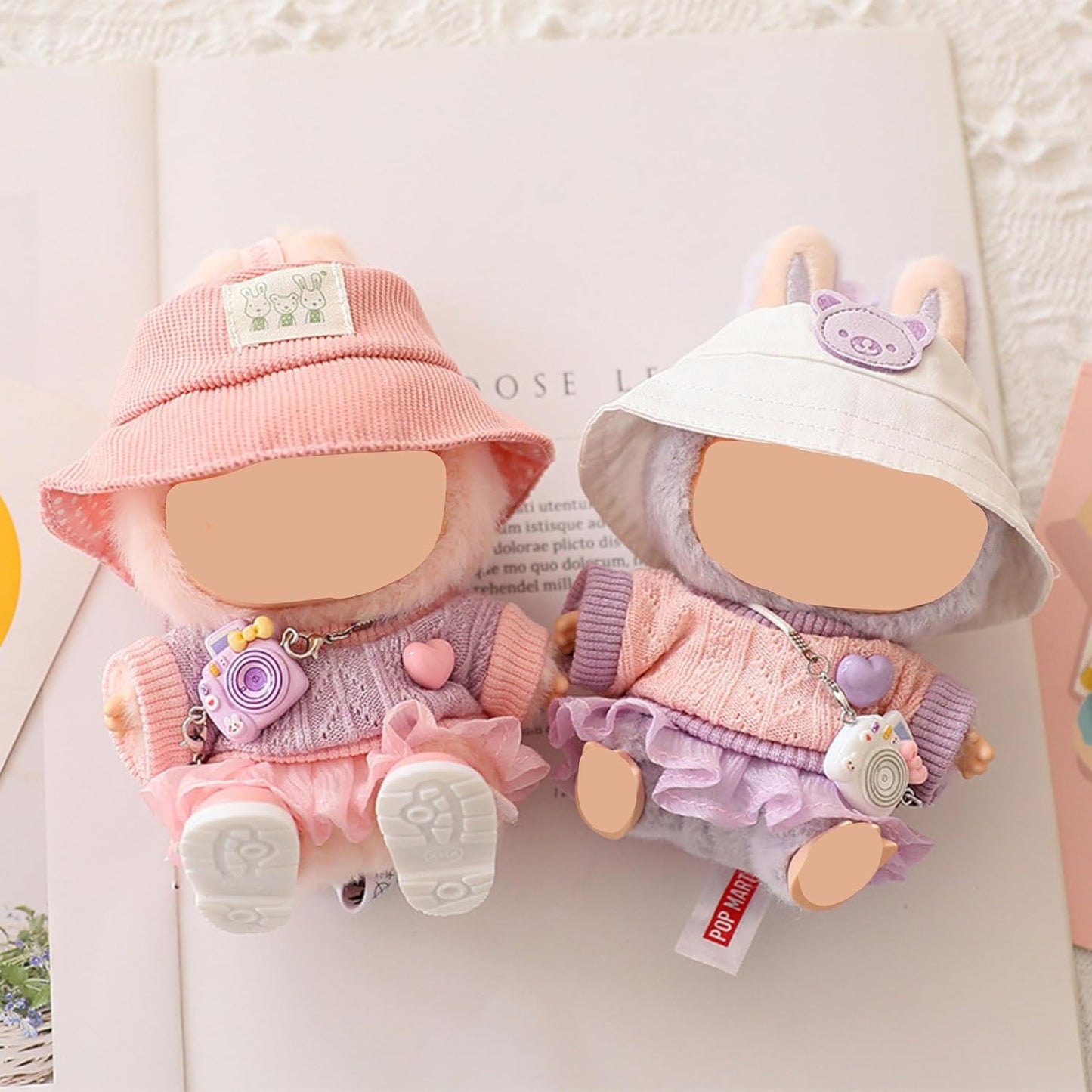 Doll Clothes Set - Knit Sweater & Tulle Skirt Outfit with Hat, Shoes & Camera Accessories, for 17cm Doll 1st/2nd/3rd Gen (Pink)