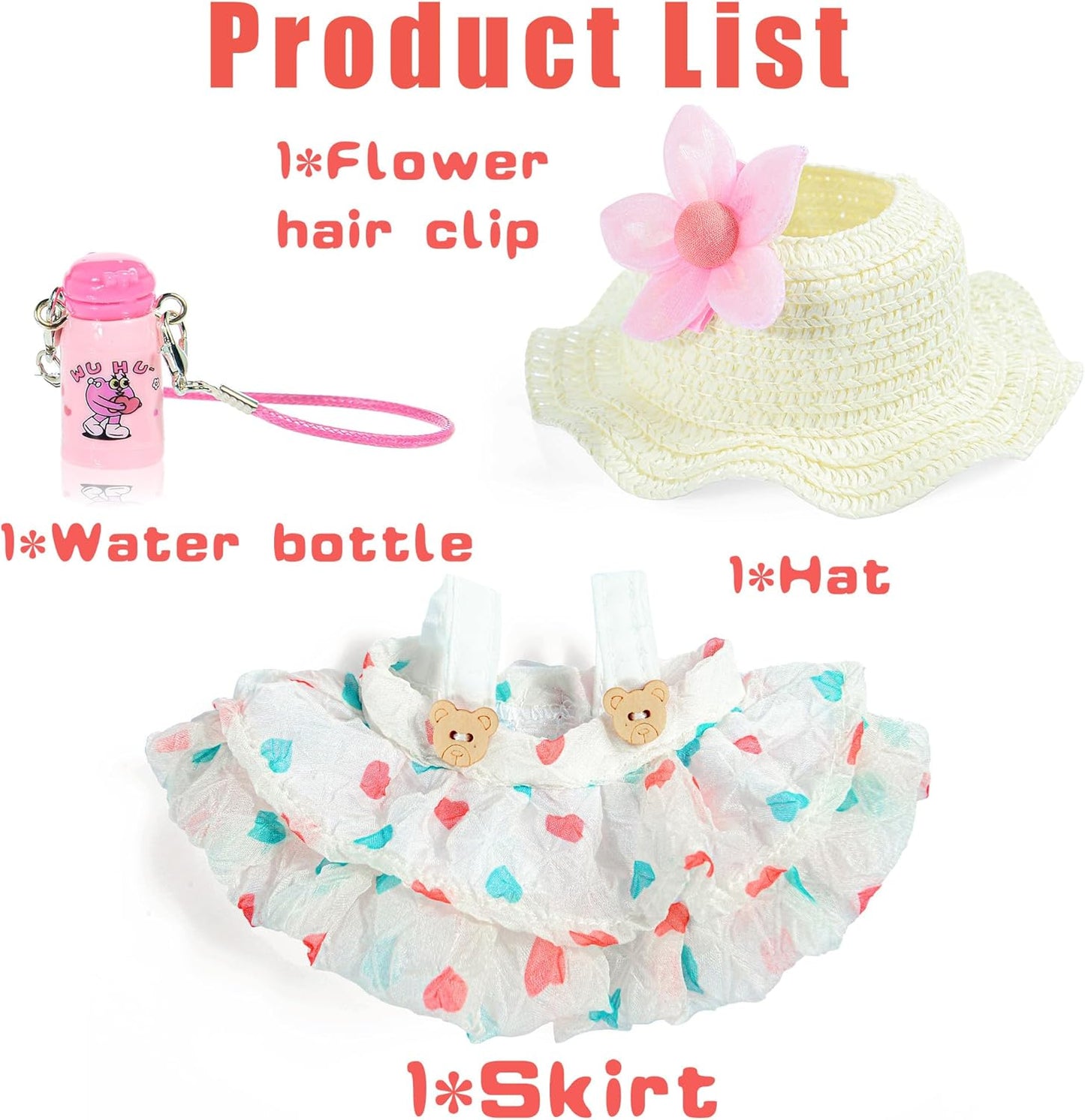 One Set Kawaii Doll Clothes for 17cm Plush Dolls - Green Floral Collection Dress + Hat + Bag + Hair Clip Fits 6.7 Inch Mini Dolls (No Doll No Glasses)