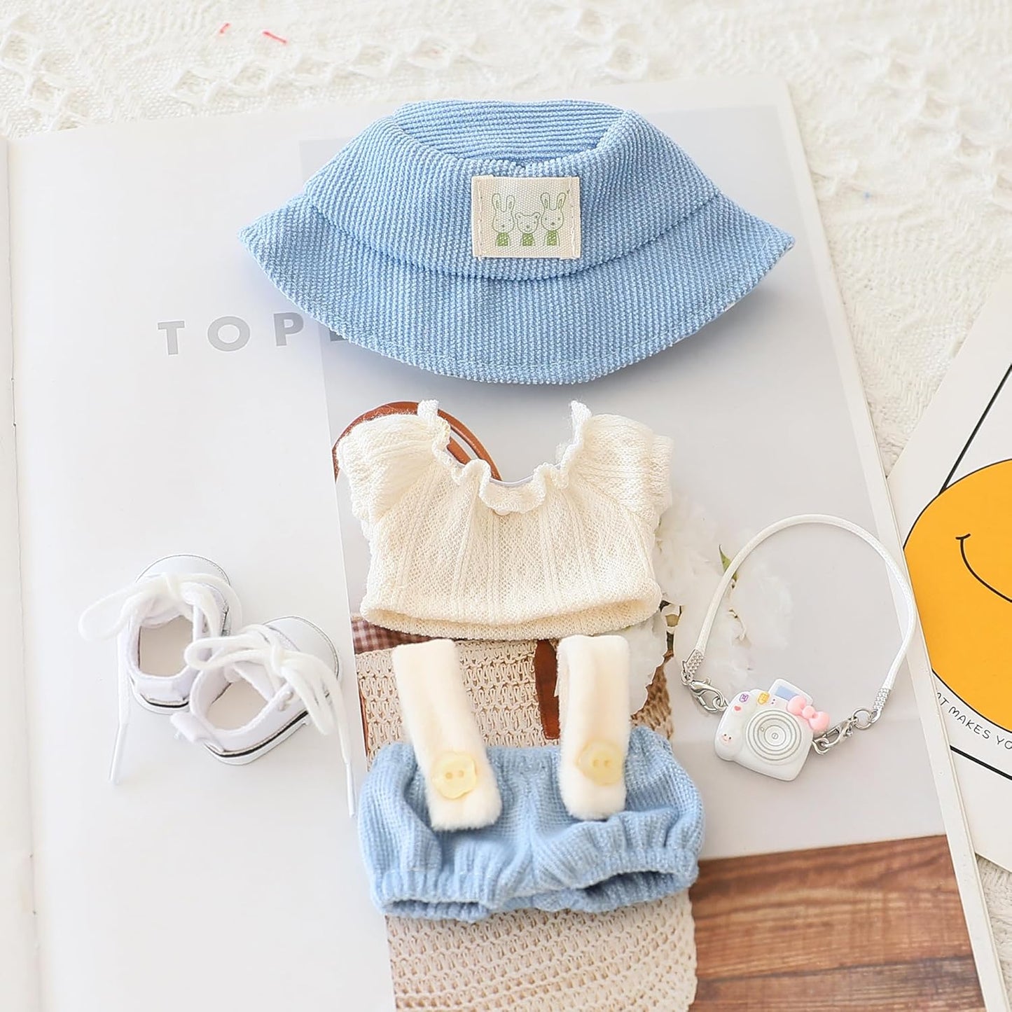 Clothes Set for Labubu Doll,Clothes for Labubu, Crochet 4 Piece Set Hat Clothes Cell Phone Backpack for LABUBU, Stylish Adorable Dolls Clothes Accessories (No Doll) (Black Wings)