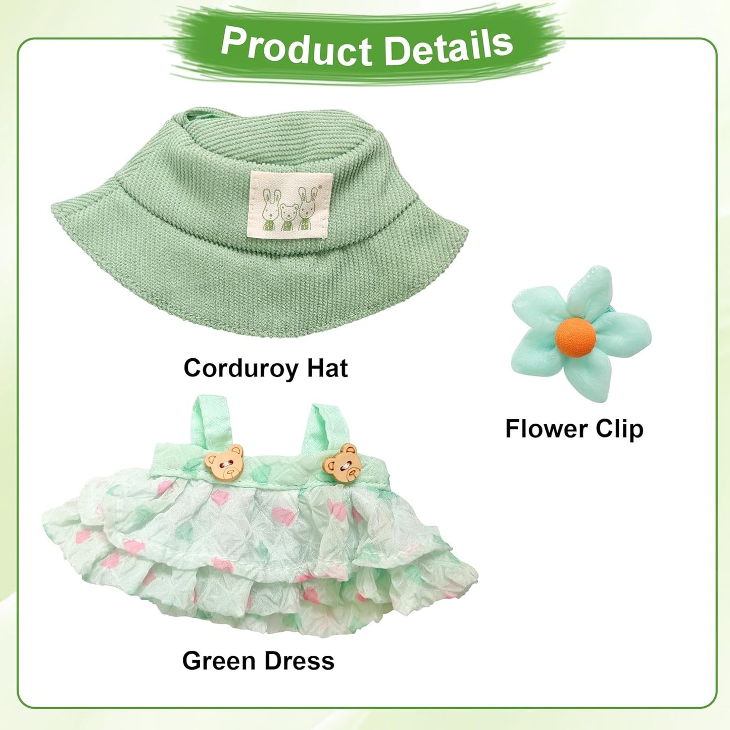 Green Doll Clothes for Labubu 3 Set (No Doll)：Clothes Outfit for Toys with hat, Dress and Clip ，Ideal Gifts