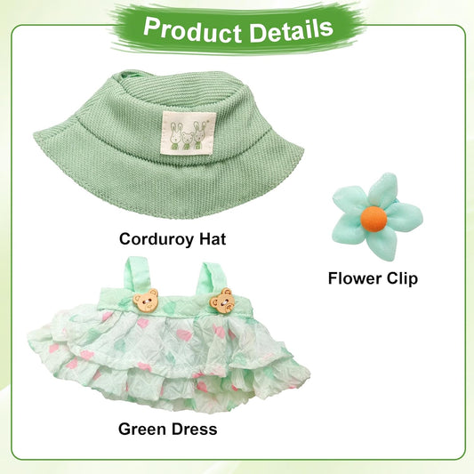 Green Doll Clothes for Labubu 3 Set (No Doll)：Clothes Outfit for Toys with hat, Dress and Clip ，Ideal Gifts