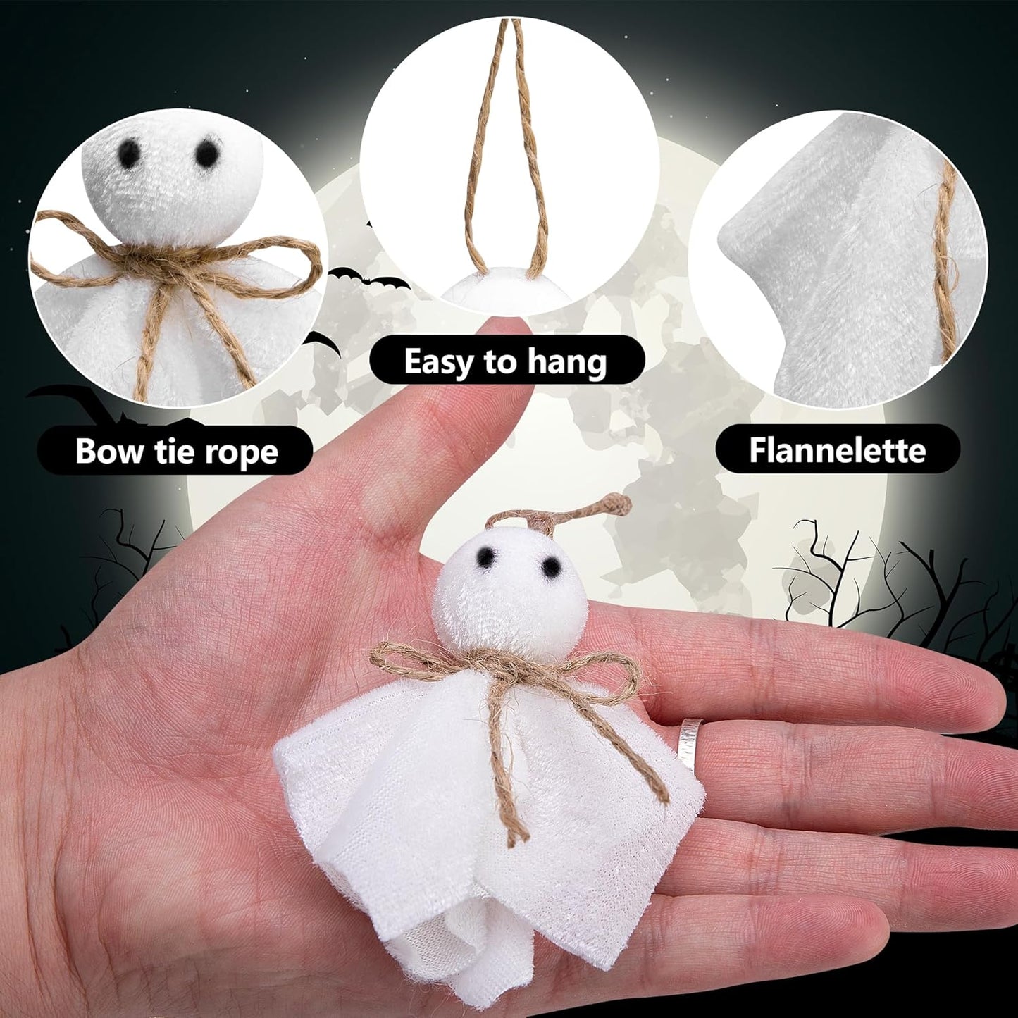 16 Pcs Halloween Ghost Hanging Ornaments, 3 Inch Small Hanging Ghosts Tree Ornaments, Farmhouse Rustic Cloth Ghosts Hanging Decoration for Haunted House Party Yard Tree Decor