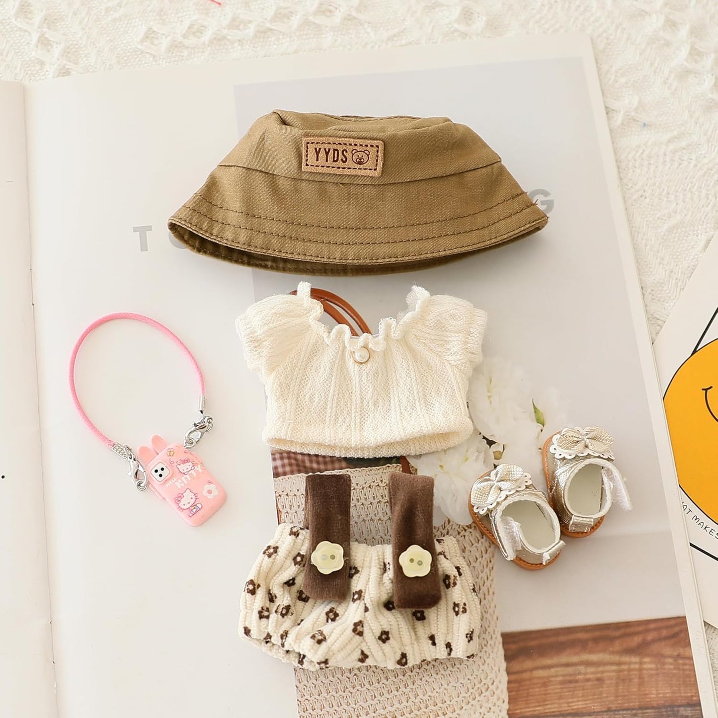 Clothes Set for Labubu Doll,Clothes for Labubu, Crochet 4 Piece Set Hat Clothes Cell Phone Backpack for LABUBU, Stylish Adorable Dolls Clothes Accessories (No Doll) (Black Wings)