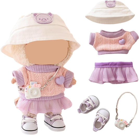 Doll Clothes Set - Knit Sweater & Tulle Skirt Outfit with Hat, Shoes & Camera Accessories, for 17cm Doll 1st/2nd/3rd Gen (Pink)