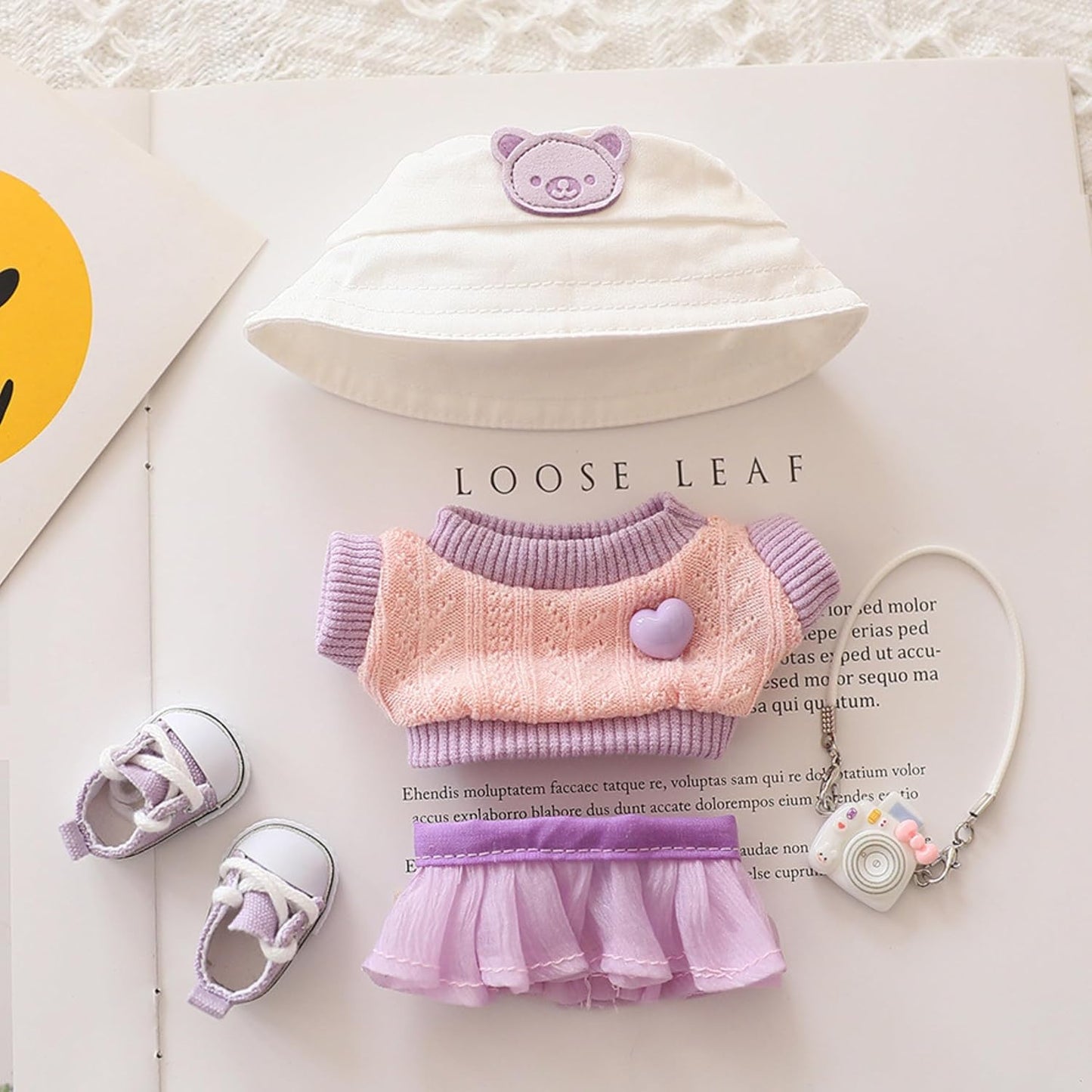 Doll Clothes Set - Knit Sweater & Tulle Skirt Outfit with Hat, Shoes & Camera Accessories, for 17cm Doll 1st/2nd/3rd Gen (Pink)