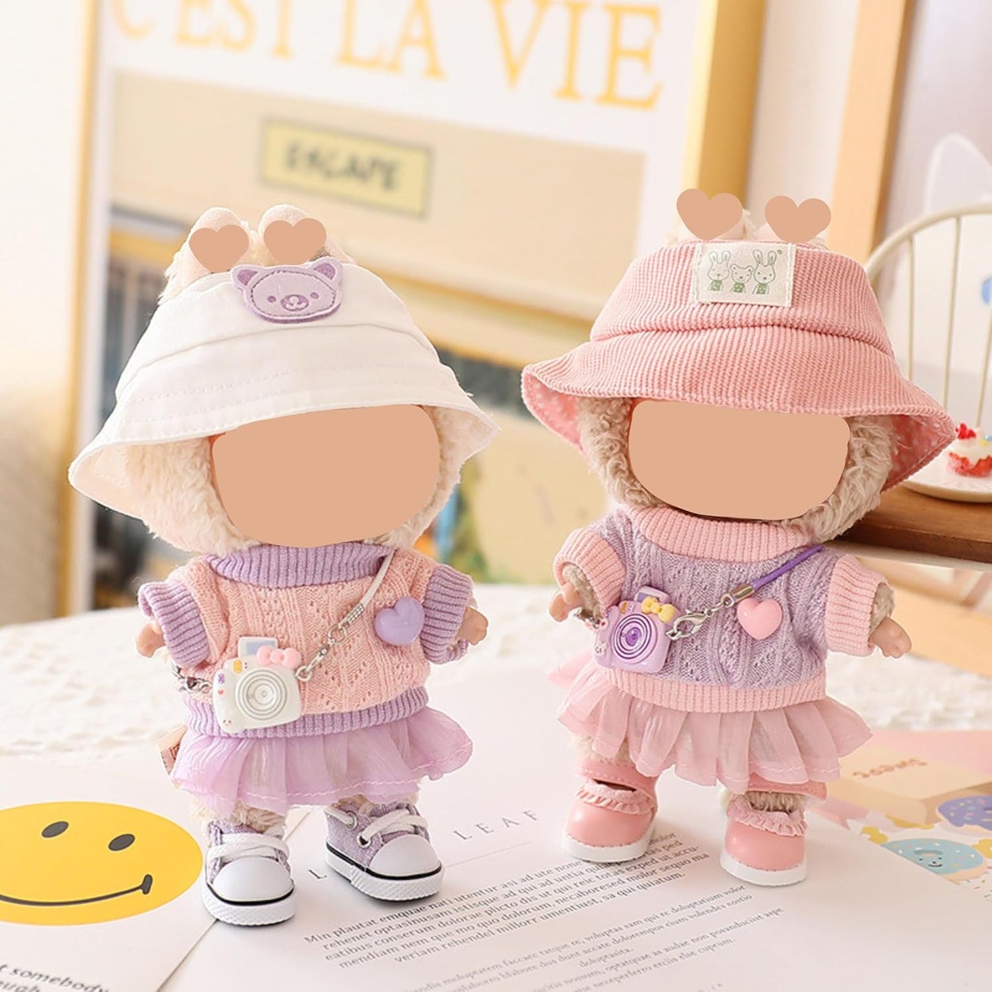 Doll Clothes Set - Knit Sweater & Tulle Skirt Outfit with Hat, Shoes & Camera Accessories, for 17cm Doll 1st/2nd/3rd Gen (Pink)