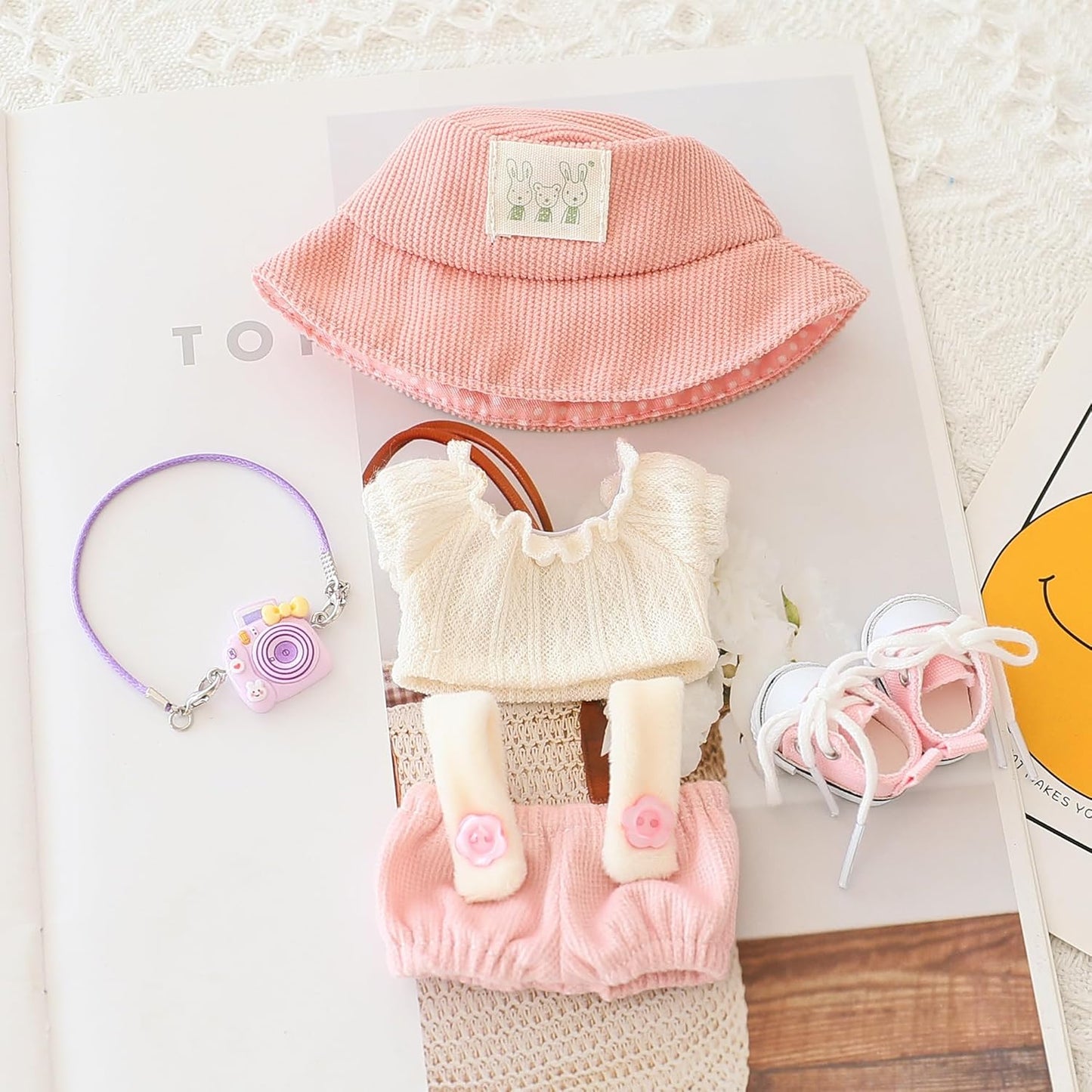 Clothes Set for Labubu Doll,Clothes for Labubu, Crochet 4 Piece Set Hat Clothes Cell Phone Backpack for LABUBU, Stylish Adorable Dolls Clothes Accessories (No Doll) (Black Wings)