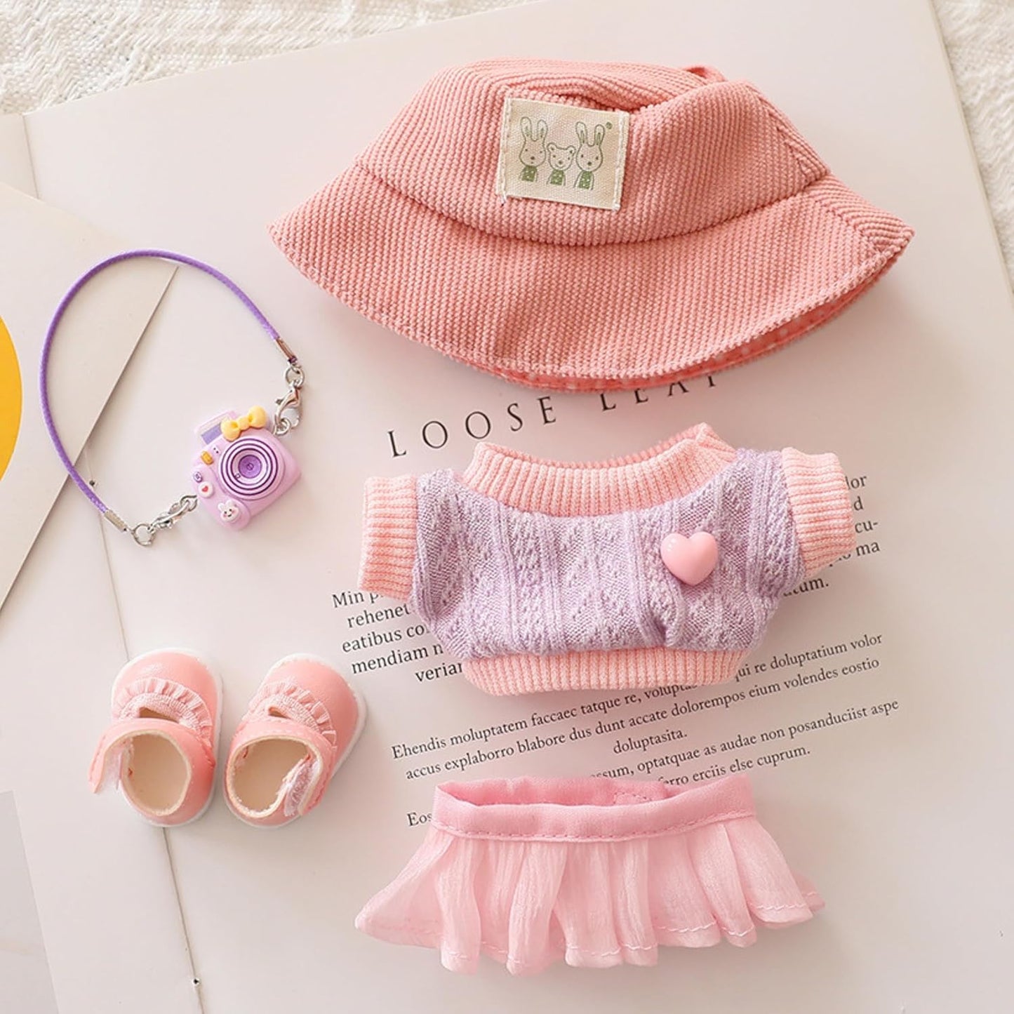 Doll Clothes Set - Knit Sweater & Tulle Skirt Outfit with Hat, Shoes & Camera Accessories, for 17cm Doll 1st/2nd/3rd Gen (Pink)
