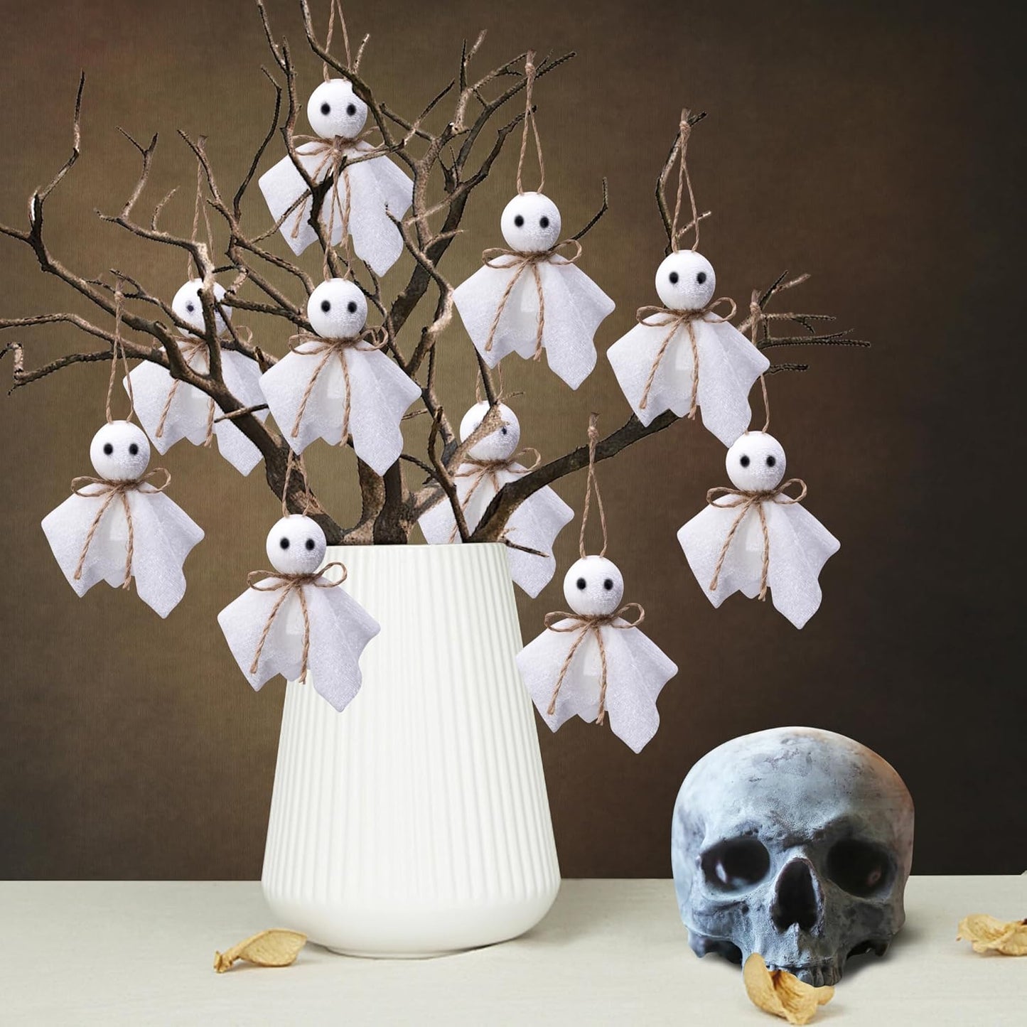 16 Pcs Halloween Ghost Hanging Ornaments, 3 Inch Small Hanging Ghosts Tree Ornaments, Farmhouse Rustic Cloth Ghosts Hanging Decoration for Haunted House Party Yard Tree Decor