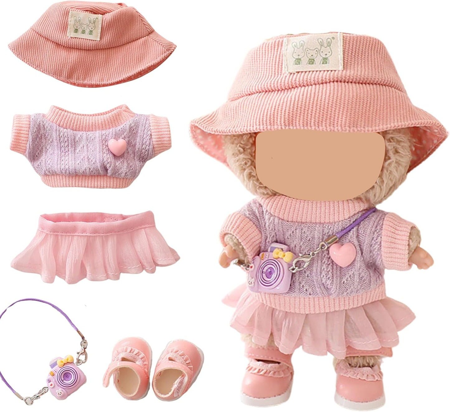 Doll Clothes Set - Knit Sweater & Tulle Skirt Outfit with Hat, Shoes & Camera Accessories, for 17cm Doll 1st/2nd/3rd Gen (Pink)