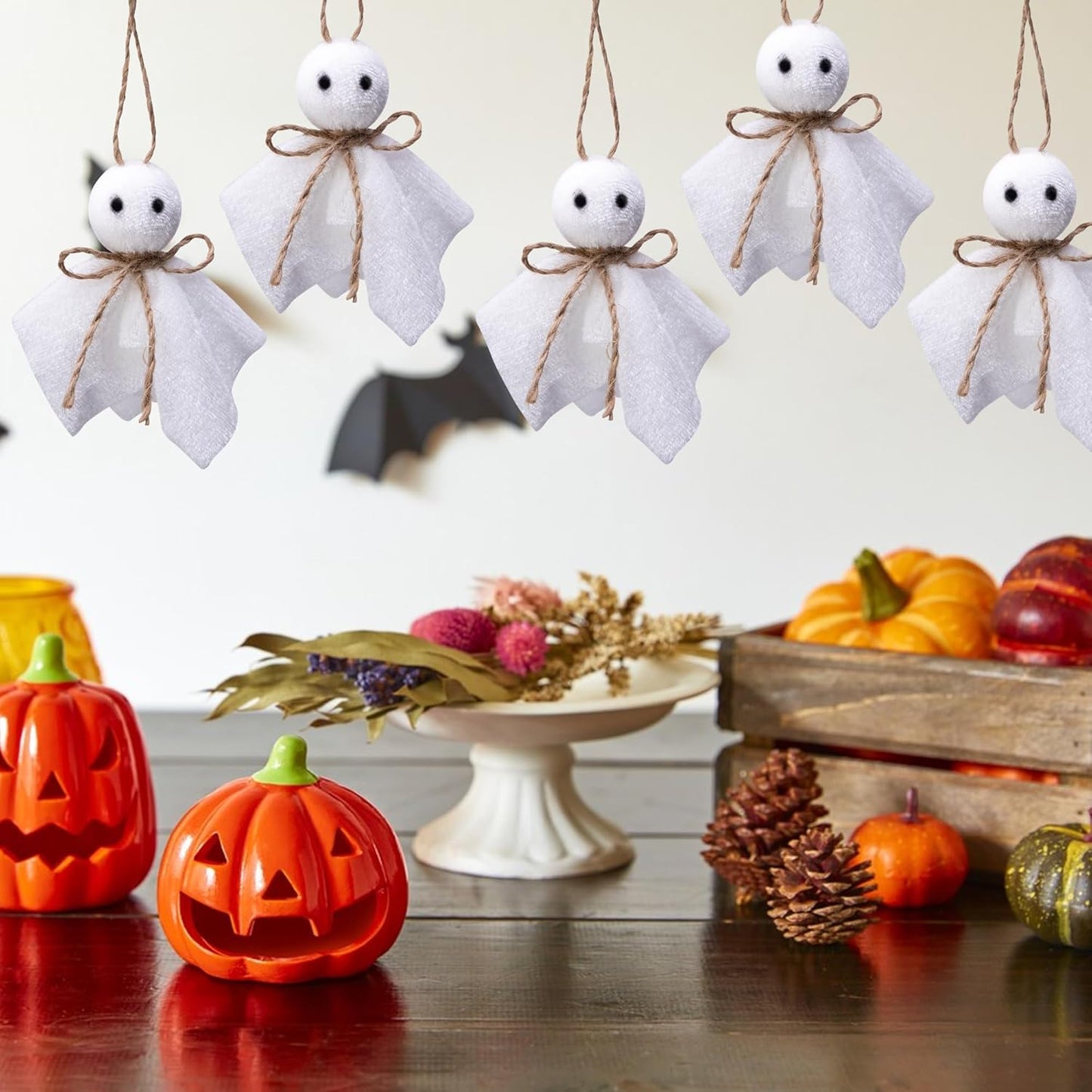 16 Pcs Halloween Ghost Hanging Ornaments, 3 Inch Small Hanging Ghosts Tree Ornaments, Farmhouse Rustic Cloth Ghosts Hanging Decoration for Haunted House Party Yard Tree Decor