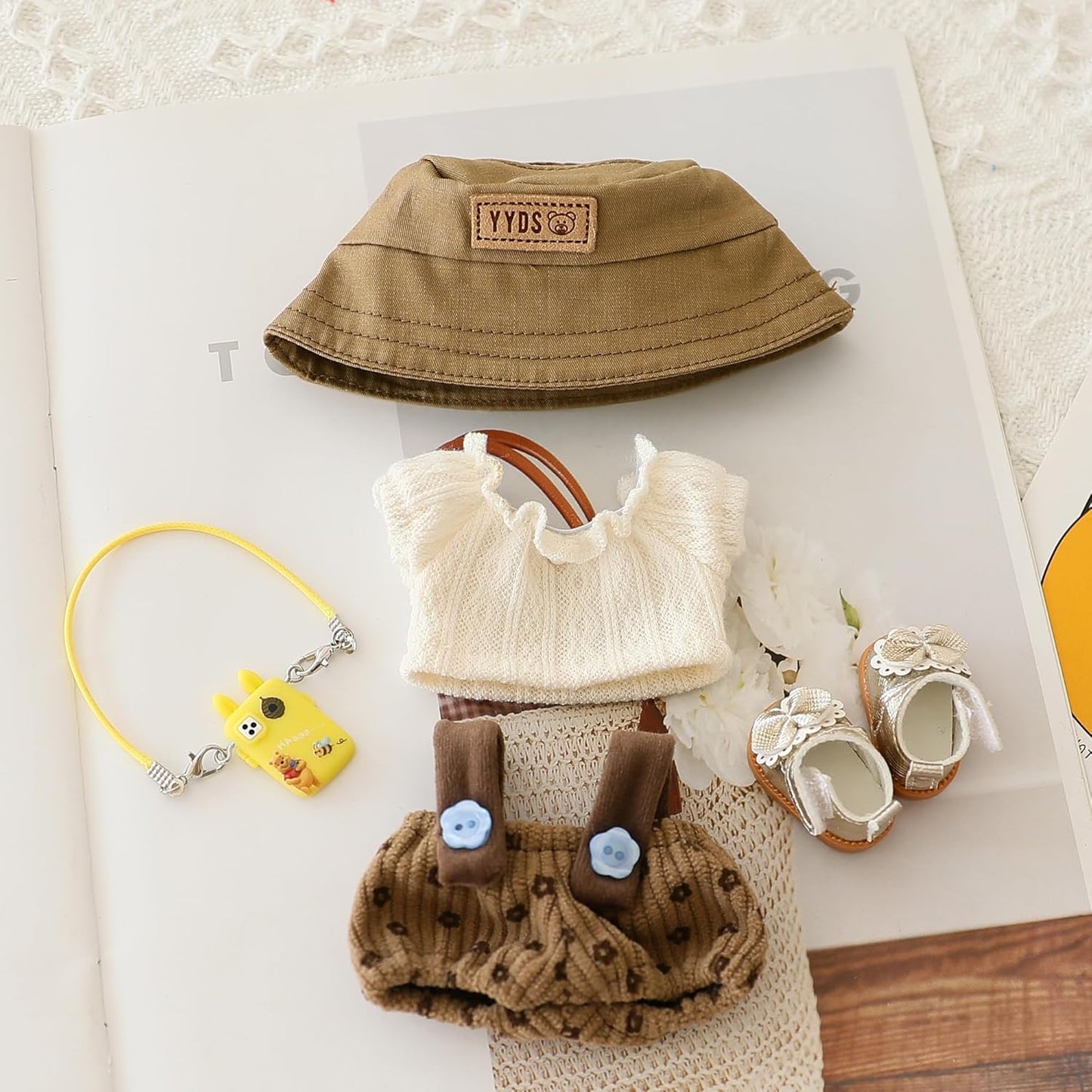 Clothes Set for Labubu Doll,Clothes for Labubu, Crochet 4 Piece Set Hat Clothes Cell Phone Backpack for LABUBU, Stylish Adorable Dolls Clothes Accessories (No Doll) (Black Wings)