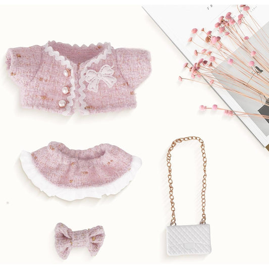 4-Piece Clothes for LABUBU Doll Sitting Standing Collection, Pink CHANEL Style Cute Clothes Sets for POP MART Doll, Including Pink Coat, Skirt, Handbag, Bow (No Doll)