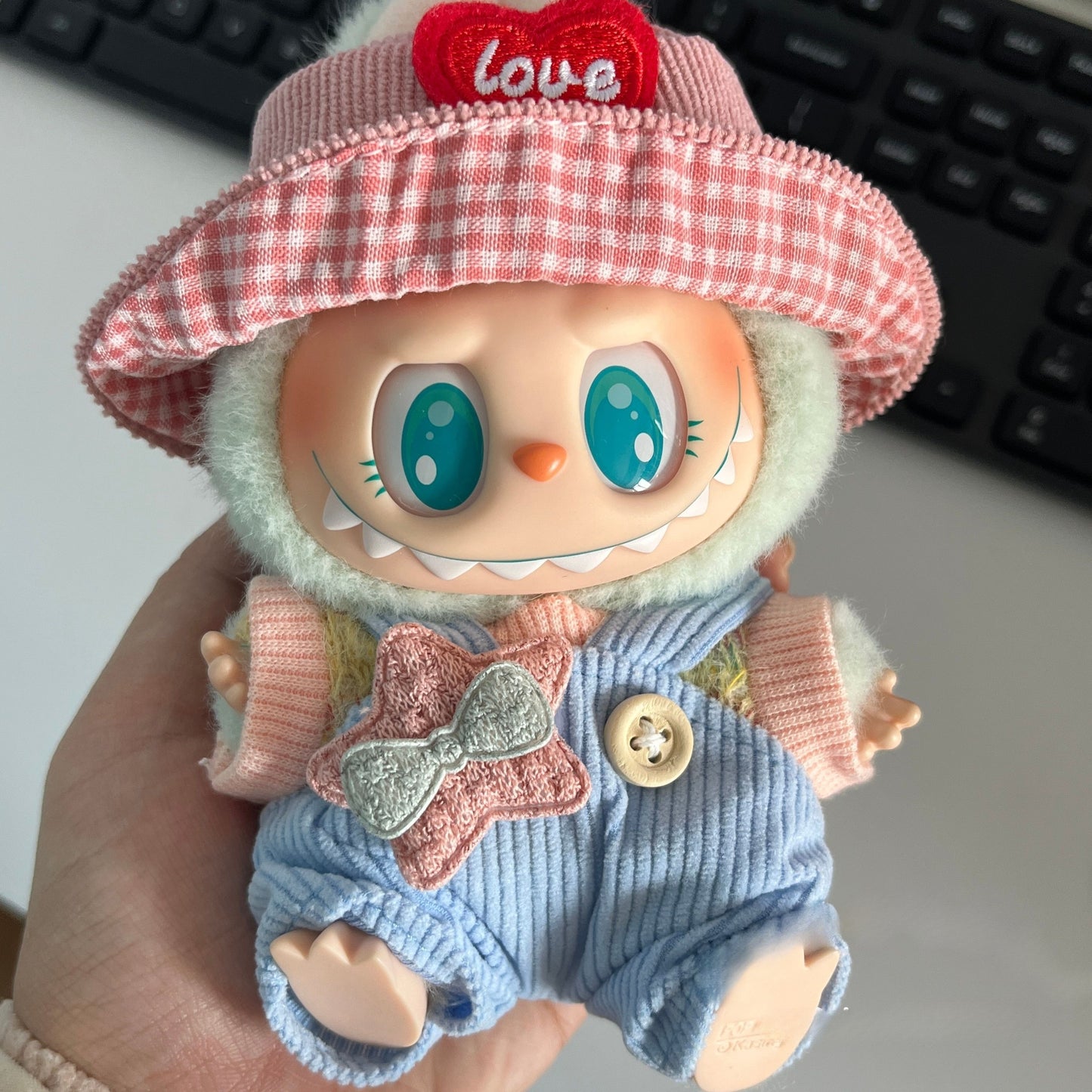 17cm Labubu Sitting Party Macaron Outfit Set with Bucket Hat & Overalls | Replacement Clothes for Plush/Vinyl Keychain Charms