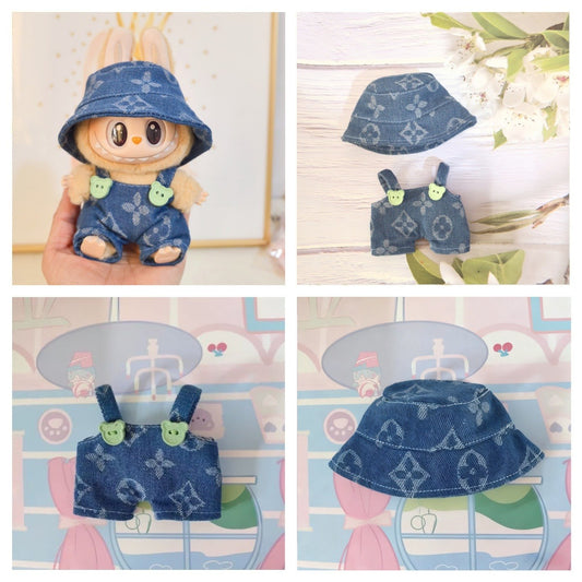 17cm/15cm Labubu Gen 1-2 Handmade Embroidered Clover Denim Hat Set | Vinyl/Plush-Compatible Clothes Only with Detachable Keychain Charm for Seated/Standing Dolls