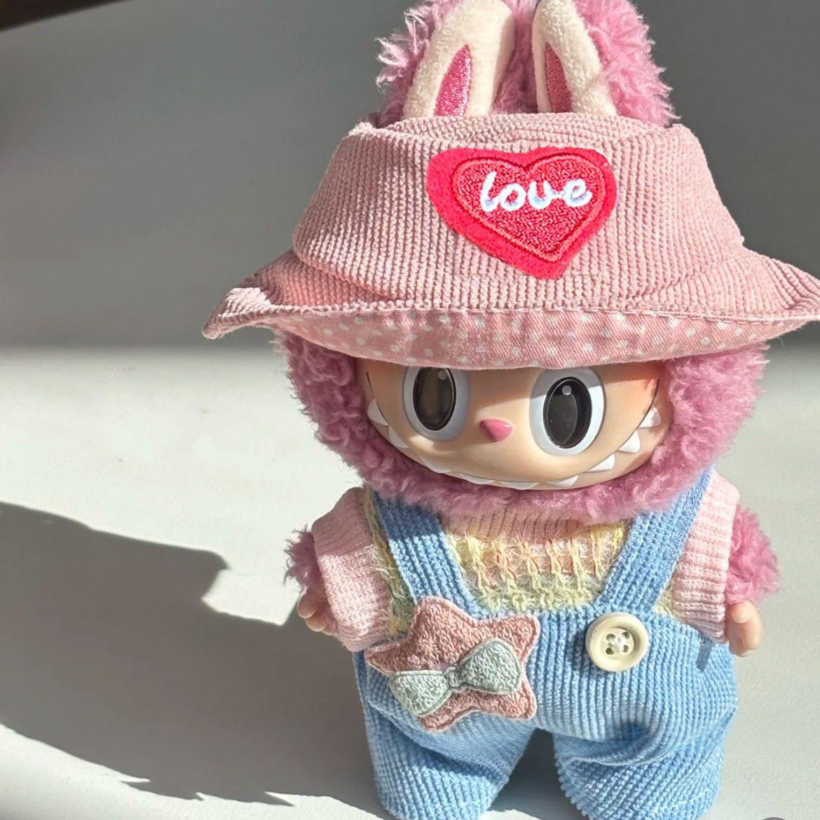 17cm Labubu Gen 2 Sitting Party Series Little Star Set | Heart Hat + T-Shirt + Overalls | Vinyl/Plush-Compatible Clothes Only for Blind Box Charms & Collectible Dolls