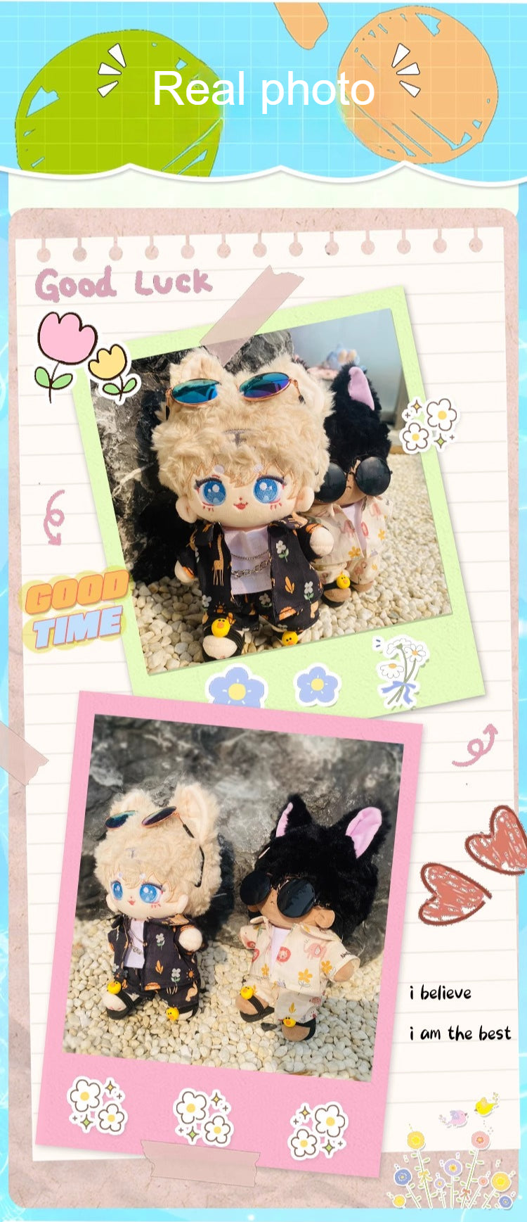 17cm Labubu & 15cm Cotton Doll 5-Piece Beach Outfit Set | Tank Top, Shorts, Jacket, Slippers & Sunglasses