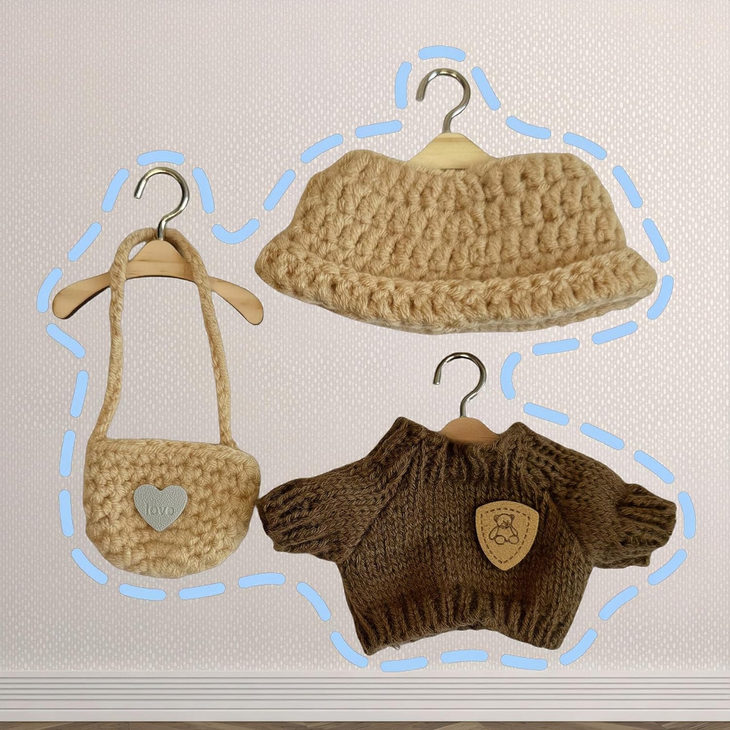 Handmade Crochet Doll Clothes Set - 2-Piece Outfit with Hat, Sweater & Bag for 15-17cm (6") Dolls - Handcrafted Accessories Gift (Khaki Overalls Suit)