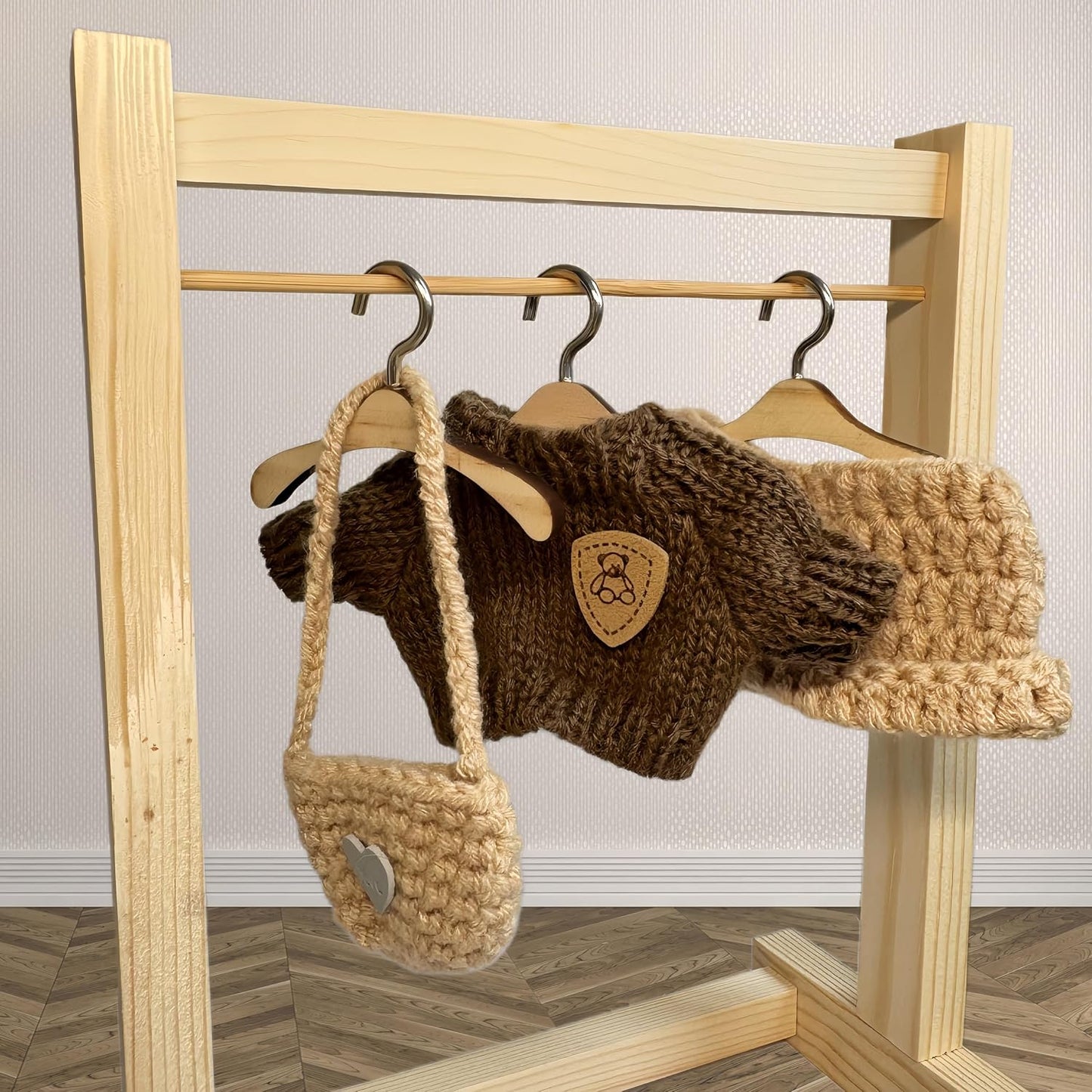 Handmade Crochet Doll Clothes Set - 2-Piece Outfit with Hat, Sweater & Bag for 15-17cm (6") Dolls - Handcrafted Accessories Gift (Khaki Overalls Suit)