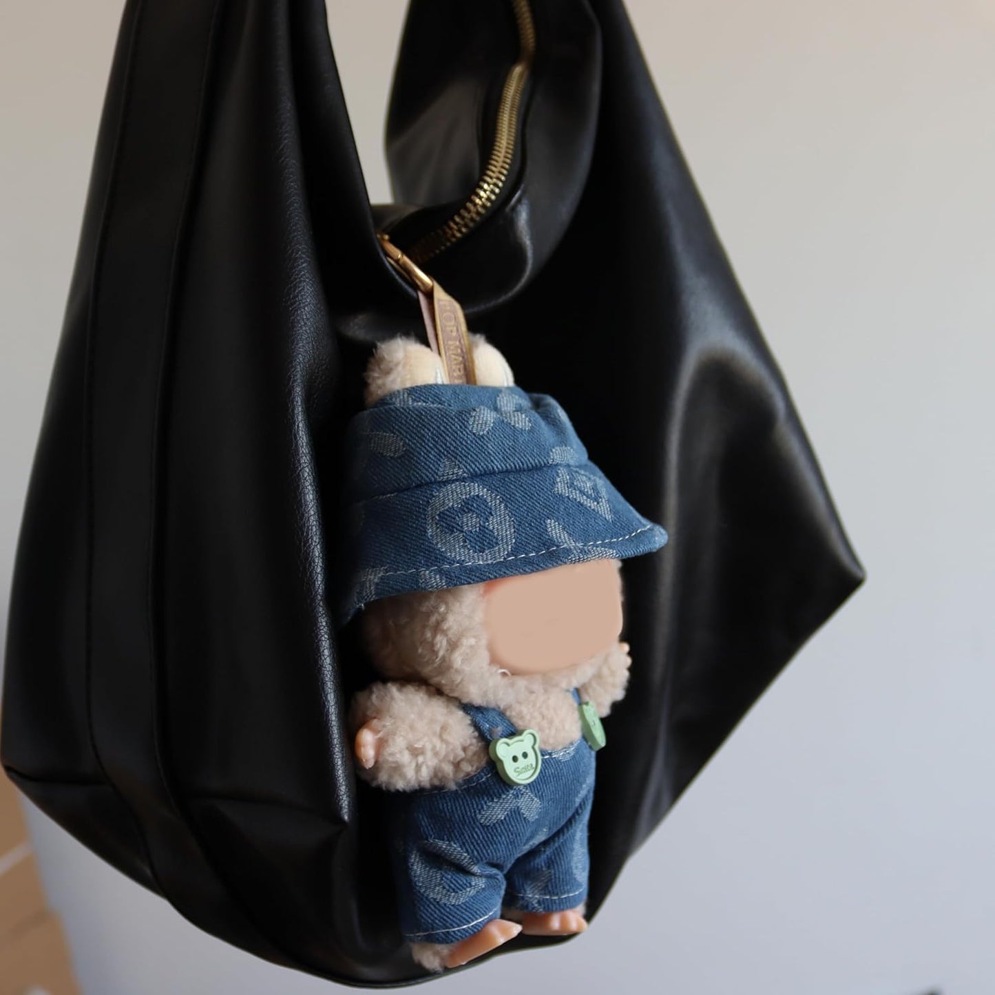 LABUBU CLOTHES, Denim Overalls & Hat Set - Blue Jeans Casual Outfit with Knit Print for 17cm Doll Clothes Compatible with LABUBU(No Doll)