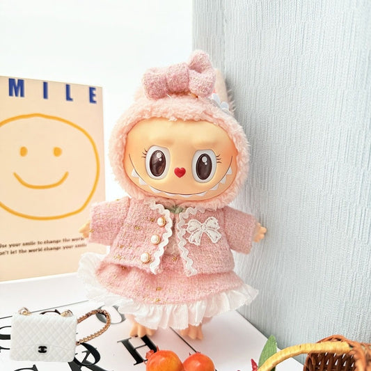 POP MART Labubu 17cm Doll Clothes - Pink Chanel-Style Dress Set w/Keychain for Blind Box Figures (No Doll Included) | Luxury Vinyl Outfit