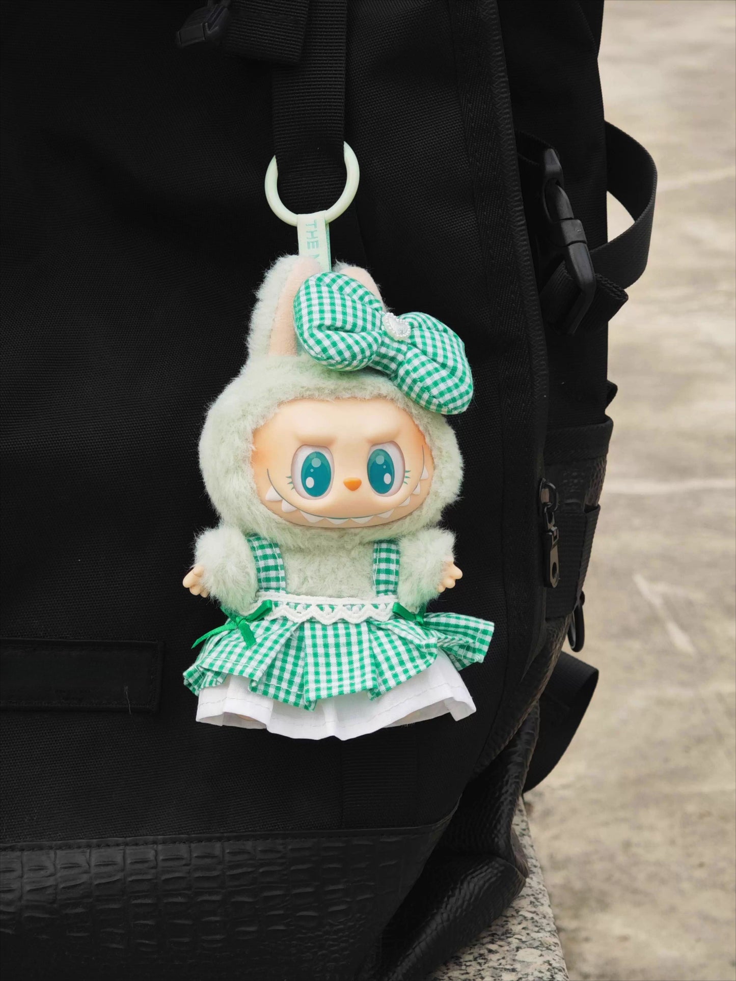 Labubu Sitting Party Outfit - Pink Green Plaid Dress for Series 1/2 Vinyl Doll Clothes