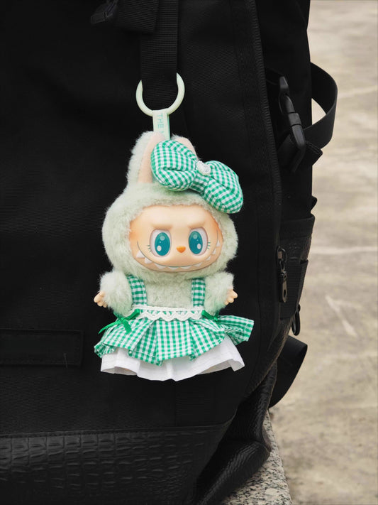 Labubu Sitting Party Outfit - Pink Green Plaid Dress for Series 1/2 Vinyl Doll Clothes