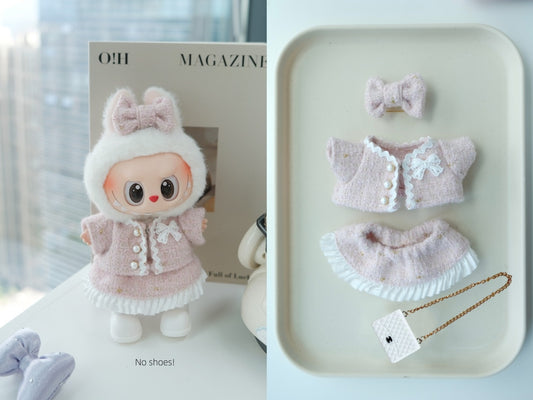 POP MART Labubu 17cm Doll Clothes - Pink Chanel-Style Dress & Purse Set for Blind Box Figures (No Doll/Shoes Included) | Vinyl Keychain Outfit