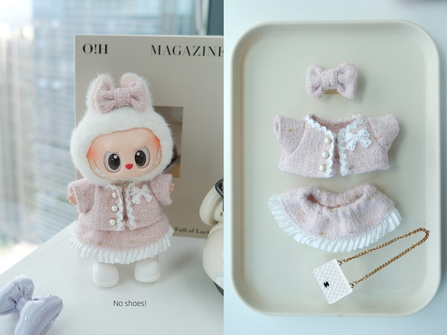 POP MART Labubu 17cm Doll Clothes - Pink Chanel-Style 4-Piece Set w/Purse for Blind Box Figures (No Doll Included) | Luxury Vinyl Keychain Outfit