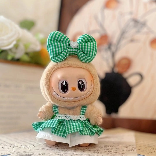 17cm Labubu Green Dress & Hair Accessories - Outfit for Vinyl Doll Clothes