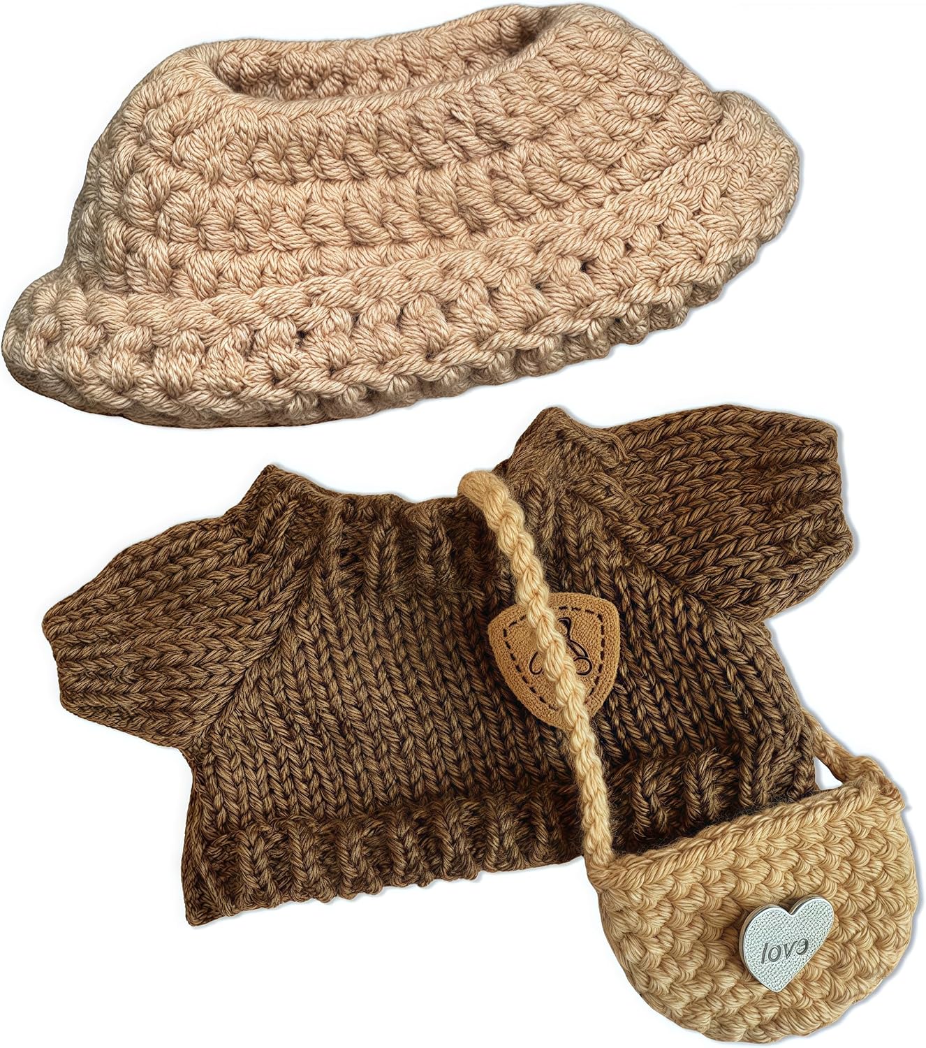 Handmade Crochet Doll Clothes Set - 2-Piece Outfit with Hat, Sweater & Bag for 15-17cm (6") Dolls - Handcrafted Accessories Gift (Khaki Overalls Suit)